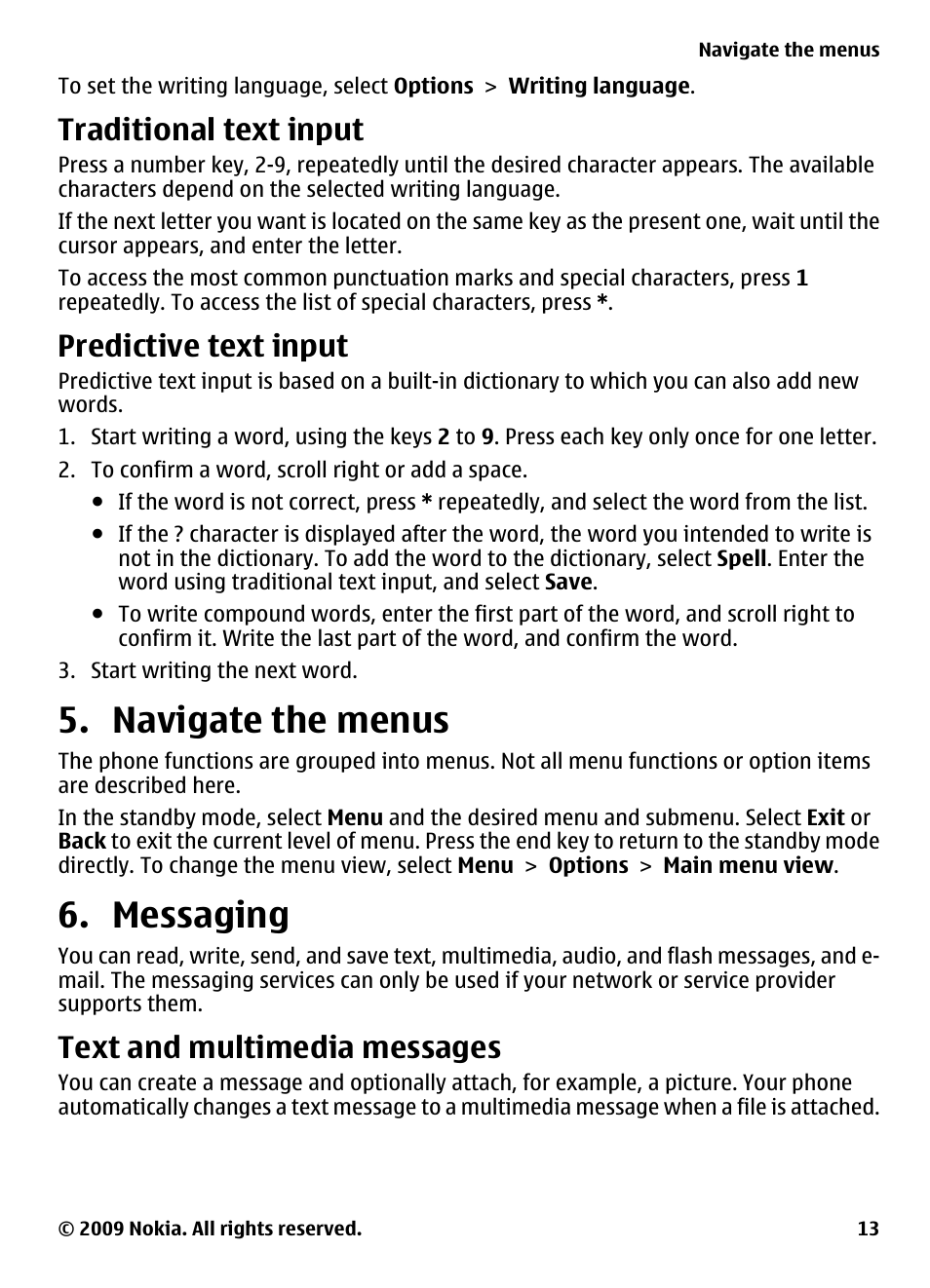 Traditional text input, Predictive text input, Navigate the menus | Messaging, Text and multimedia messages, Navigate the menus 6. messaging | Nokia 2330 Classic User Manual | Page 13 / 33