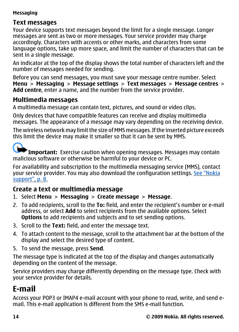Text messages, Multimedia messages, Create a text or multimedia message | E-mail, Create a text or multimedia, Message | Nokia 2330 Classic User Manual | Page 14 / 33