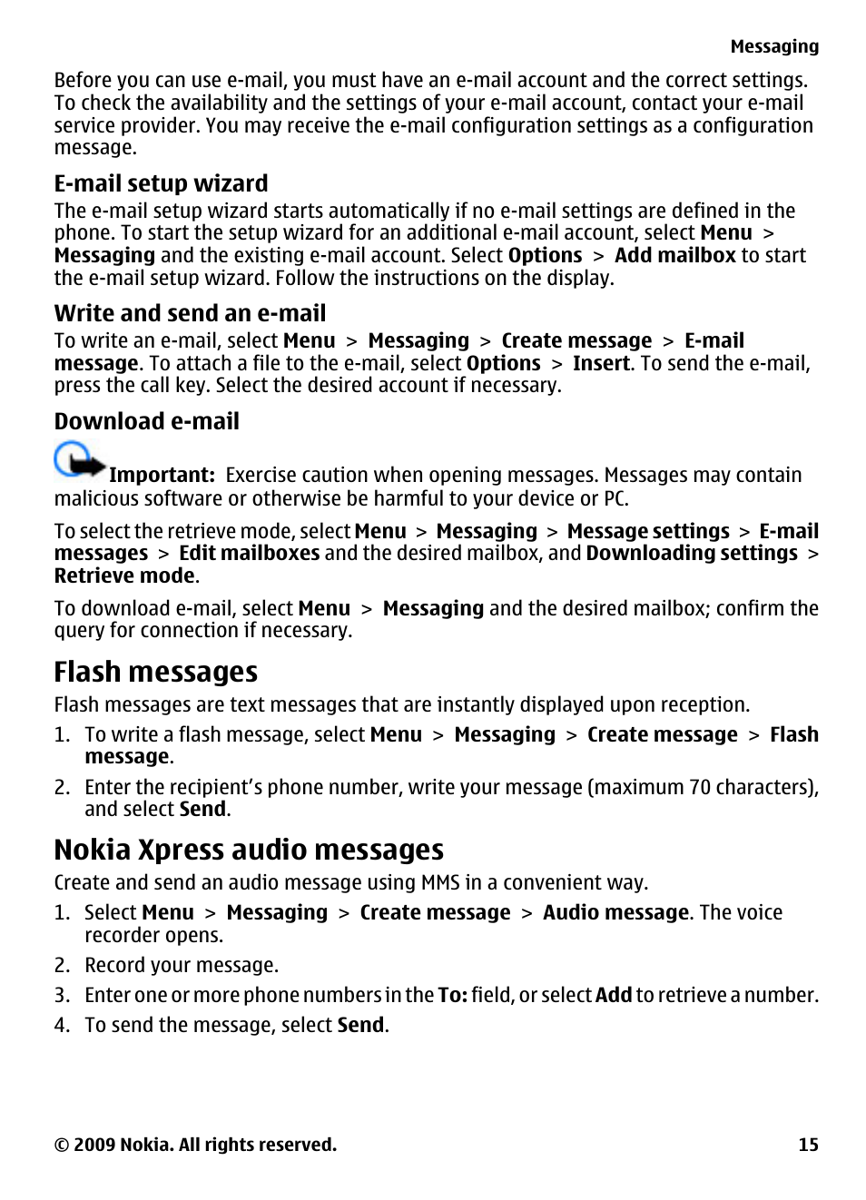E-mail setup wizard, Write and send an e-mail, Download e-mail | Flash messages, Nokia xpress audio messages | Nokia 2330 Classic User Manual | Page 15 / 33