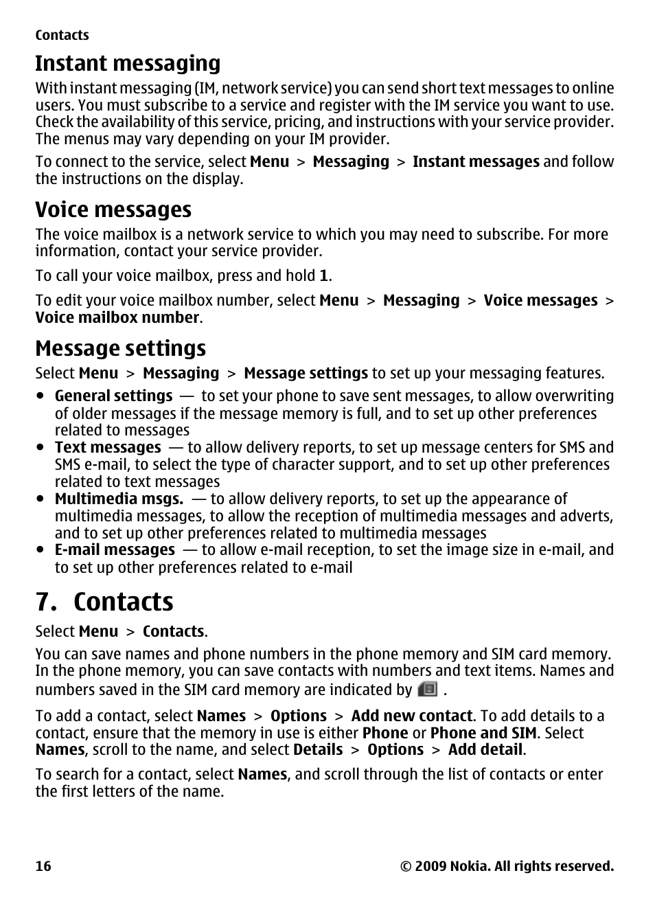 Instant messaging, Voice messages, Message settings | Contacts | Nokia 2330 Classic User Manual | Page 16 / 33