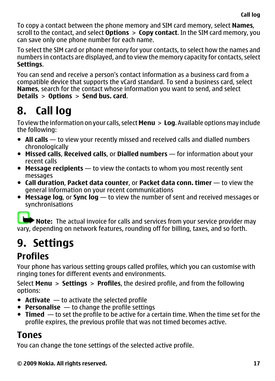 Call log, Settings, Profiles | Tones, Call log 9. settings | Nokia 2330 Classic User Manual | Page 17 / 33