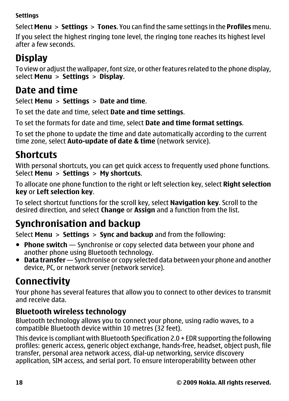 Display, Date and time, Shortcuts | Synchronisation and backup, Connectivity, Bluetooth wireless technology | Nokia 2330 Classic User Manual | Page 18 / 33