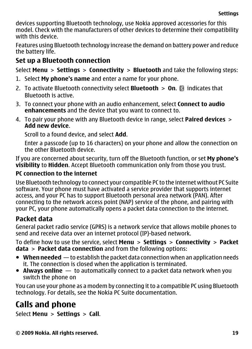 Packet data, Calls and phone | Nokia 2330 Classic User Manual | Page 19 / 33