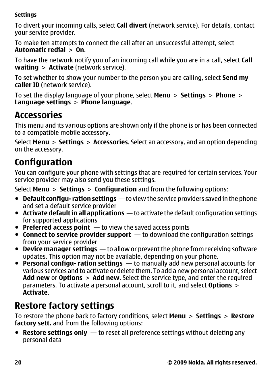 Accessories, Configuration, Restore factory settings | Nokia 2330 Classic User Manual | Page 20 / 33