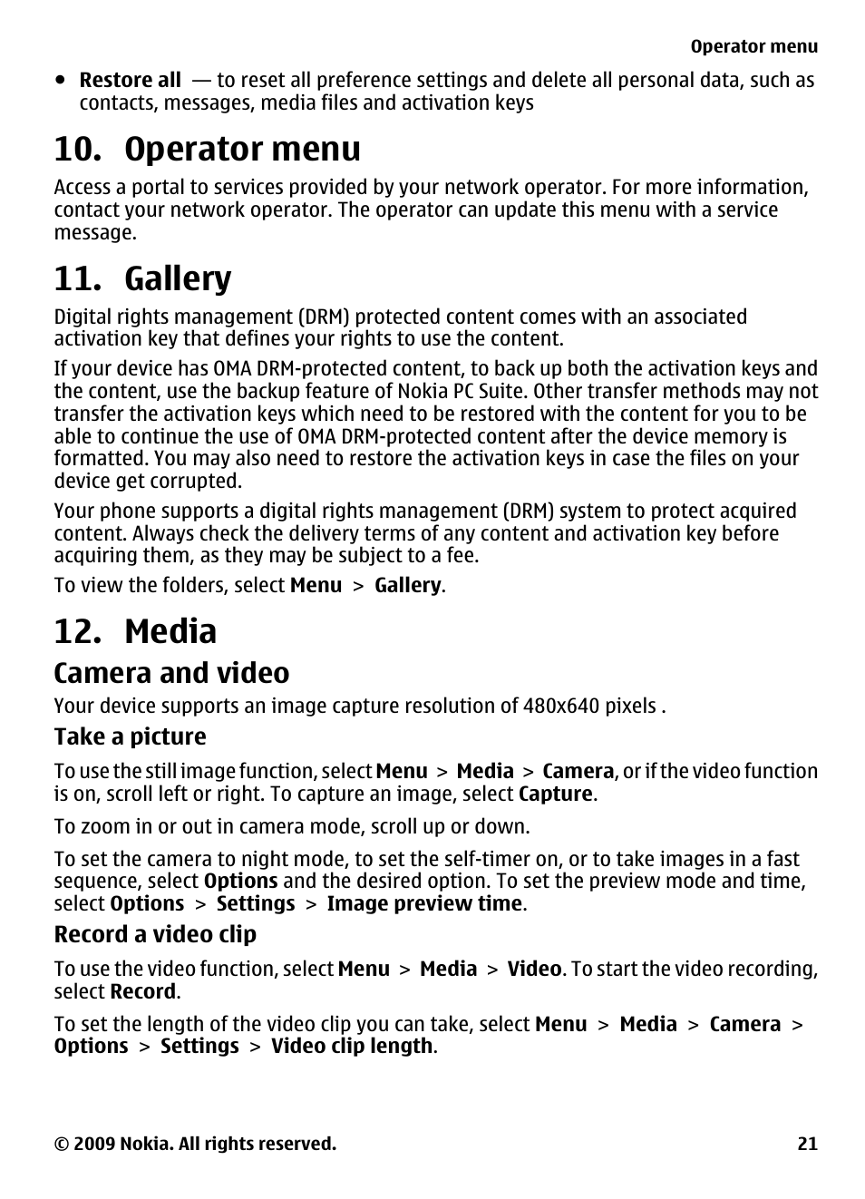 Operator menu, Gallery, Media | Camera and video, Operator menu 11. gallery 12. media | Nokia 2330 Classic User Manual | Page 21 / 33