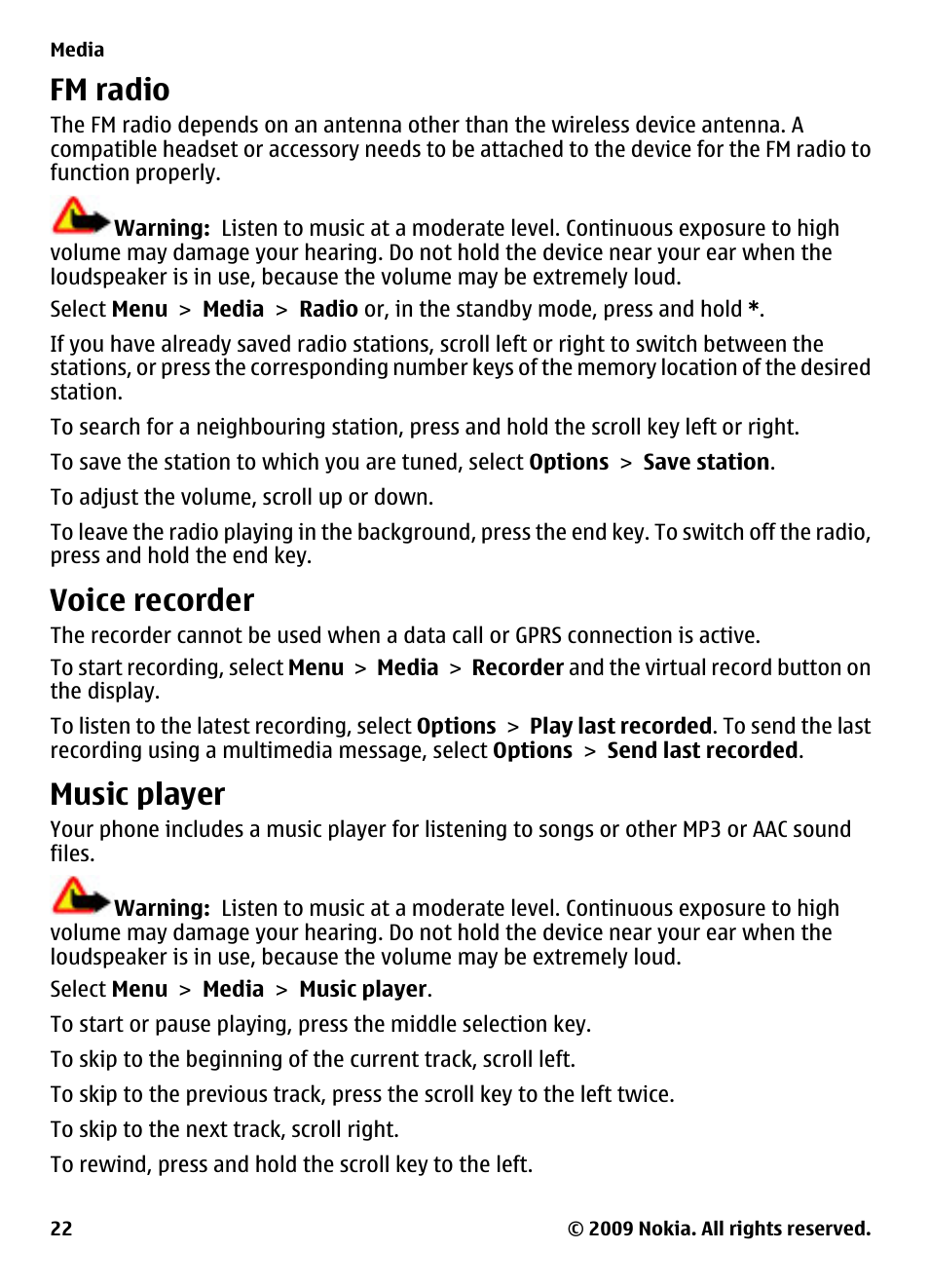 Fm radio, Voice recorder, Music player | Nokia 2330 Classic User Manual | Page 22 / 33