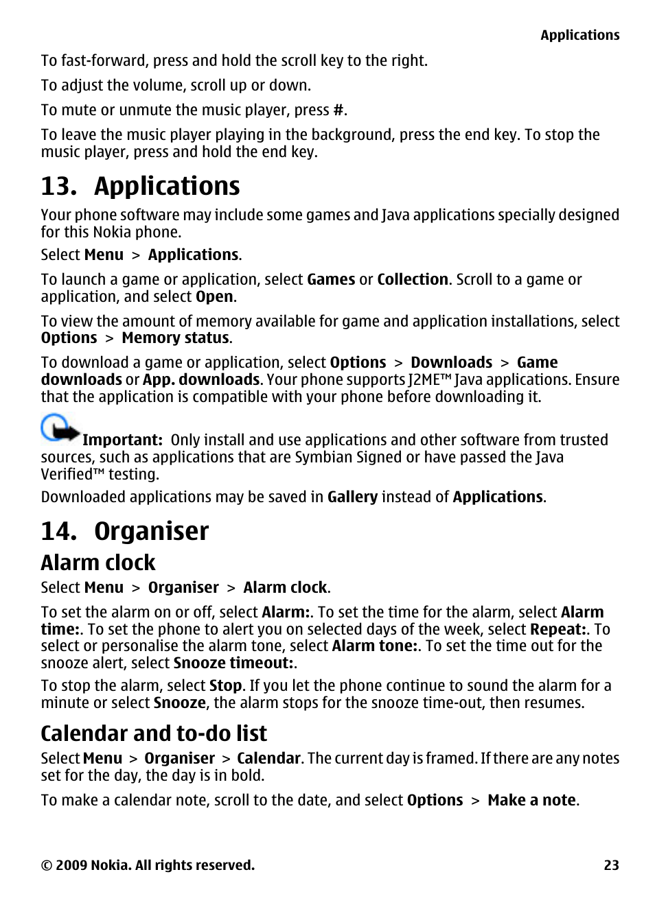 Applications, Organiser, Alarm clock | Calendar and to-do list, Applications 14. organiser | Nokia 2330 Classic User Manual | Page 23 / 33