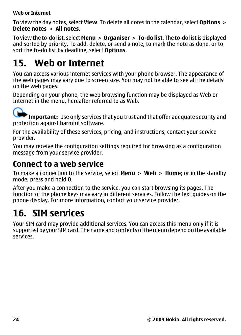 Web or internet, Connect to a web service, Sim services | Nokia 2330 Classic User Manual | Page 24 / 33