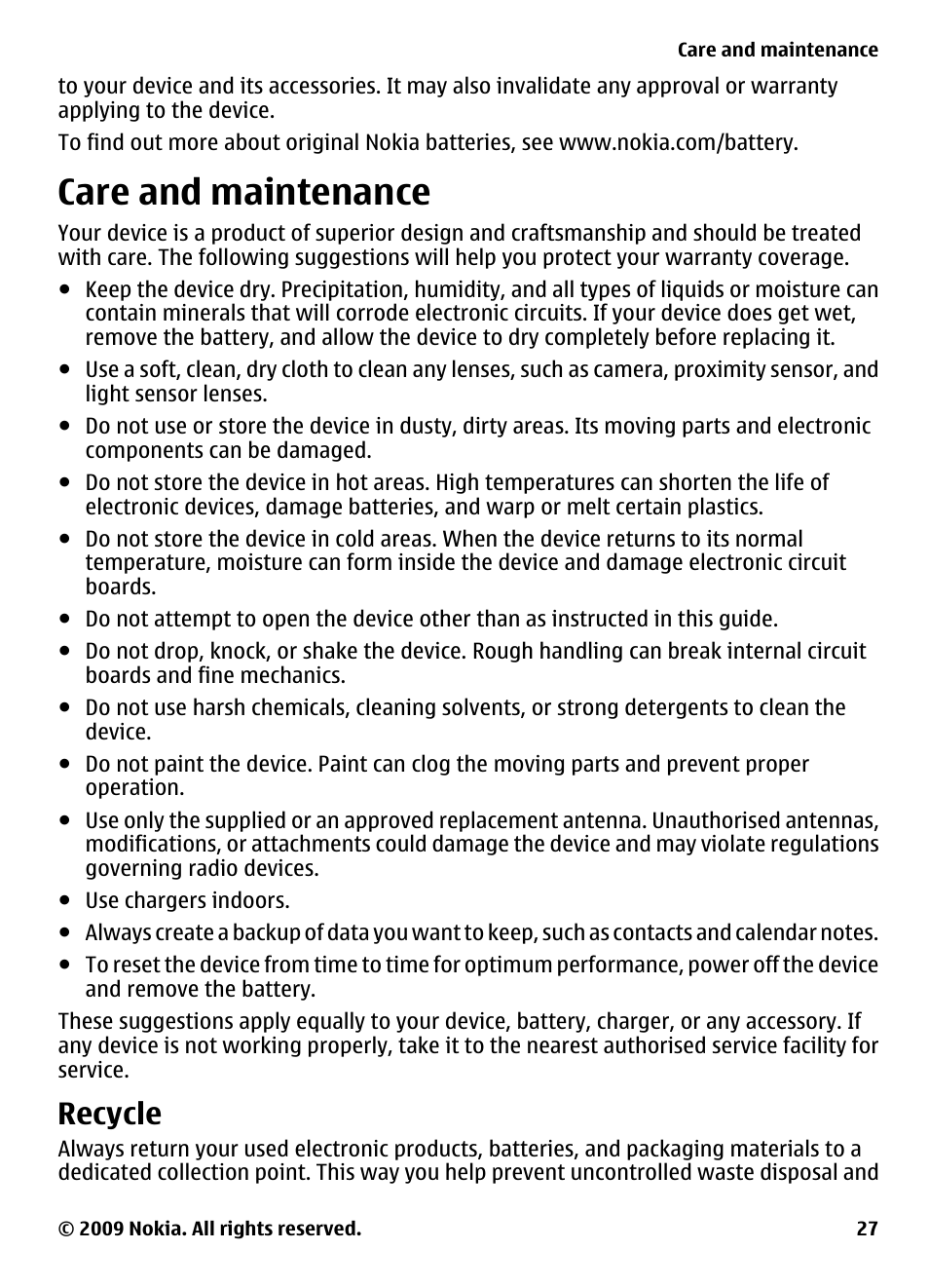 Care and maintenance, Recycle | Nokia 2330 Classic User Manual | Page 27 / 33