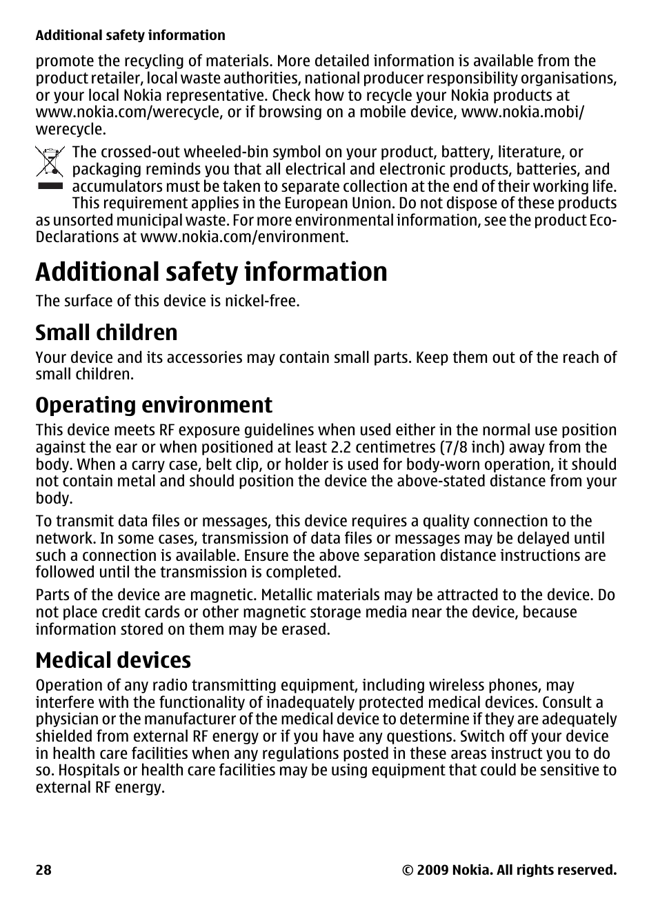 Additional safety information, Small children, Operating environment | Medical devices, Additional safety, Information | Nokia 2330 Classic User Manual | Page 28 / 33