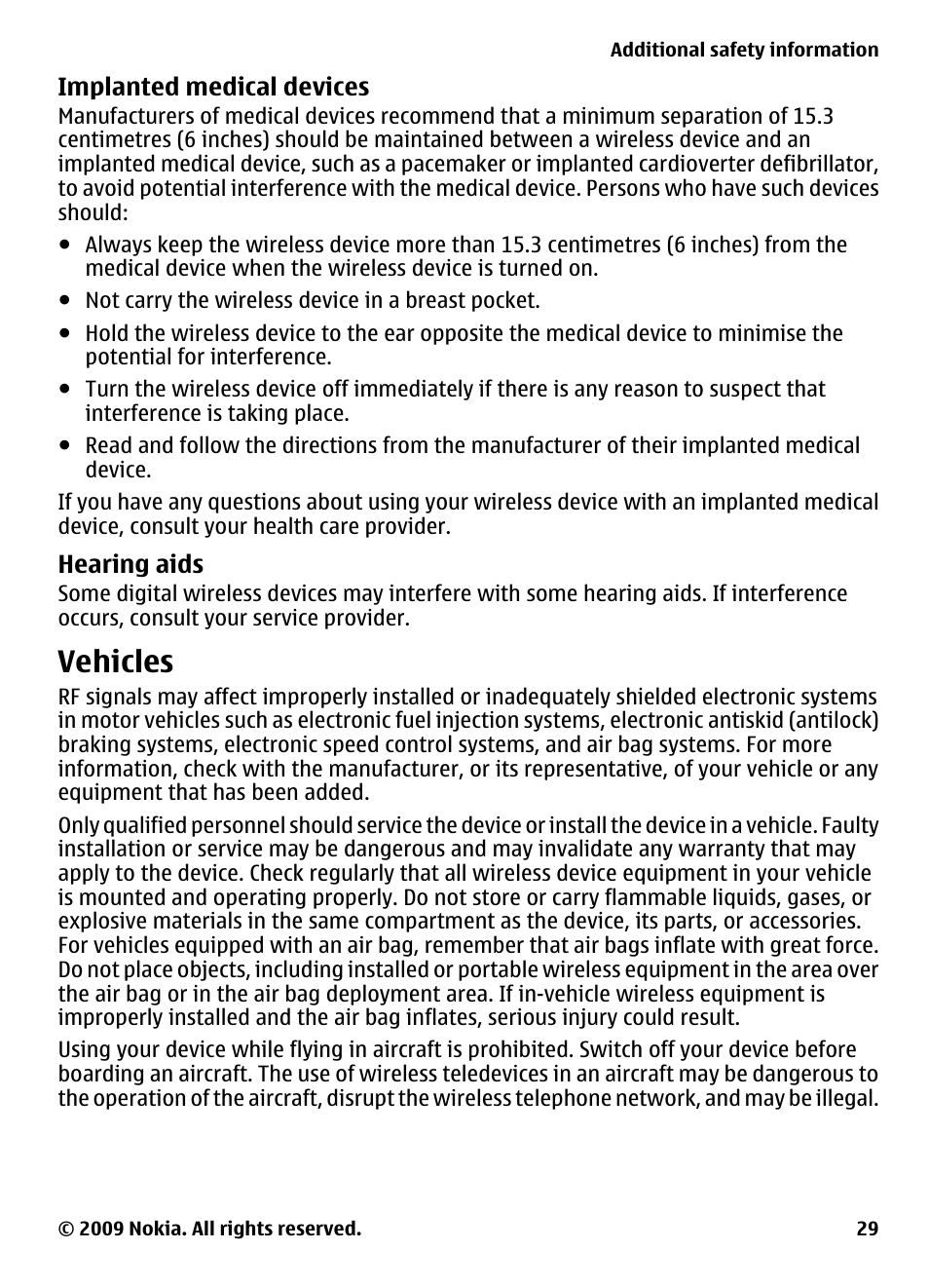 Implanted medical devices, Hearing aids, Vehicles | Nokia 2330 Classic User Manual | Page 29 / 33