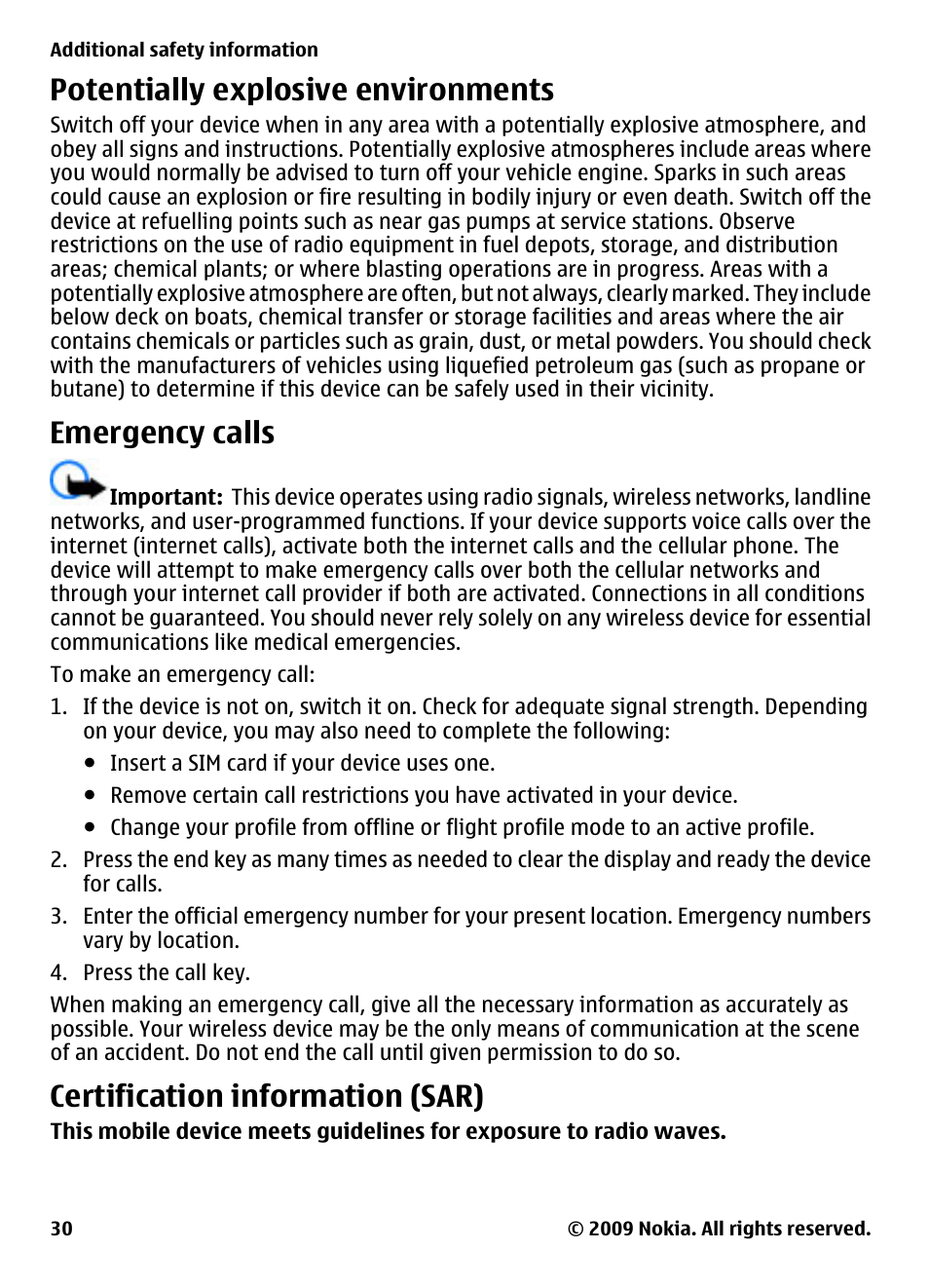 Potentially explosive environments, Emergency calls, Certification information (sar) | Potentially explosive, Environments | Nokia 2330 Classic User Manual | Page 30 / 33