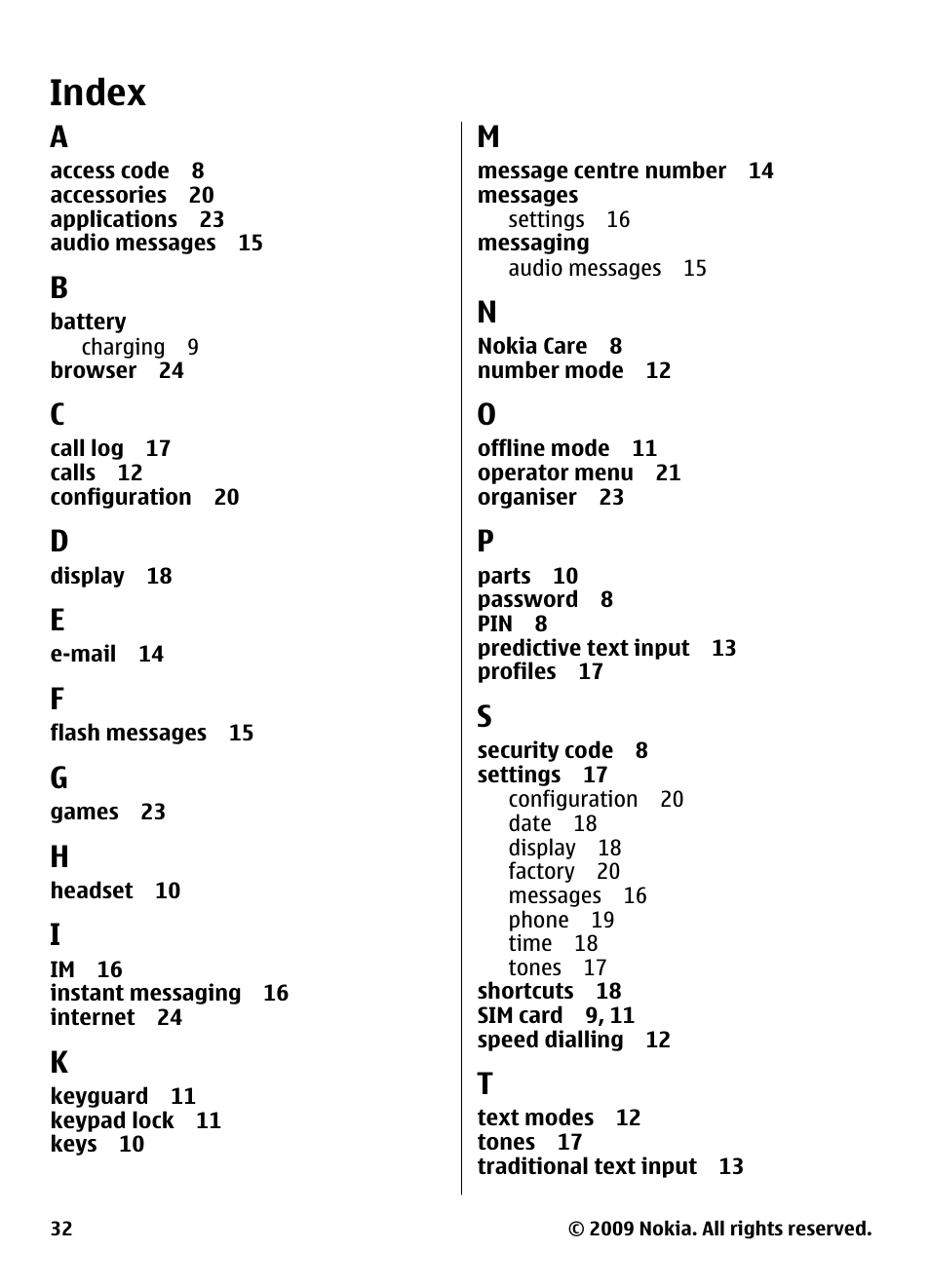 Index | Nokia 2330 Classic User Manual | Page 32 / 33
