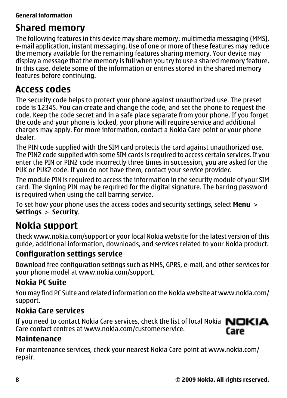 Shared memory, Access codes, Nokia support | Nokia 2330 Classic User Manual | Page 8 / 33