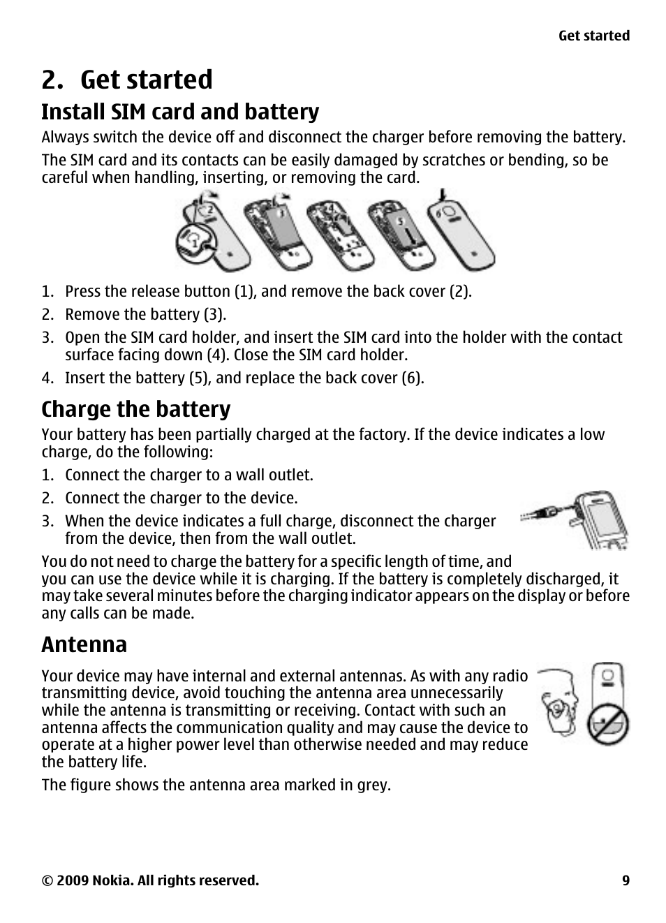 Get started, Install sim card and battery, Charge the battery | Antenna | Nokia 2330 Classic User Manual | Page 9 / 33