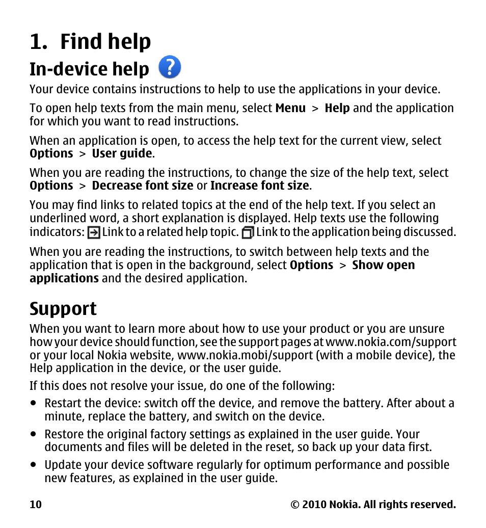 Find help, In-device help, Support | Nokia 5228 User Manual | Page 10 / 129