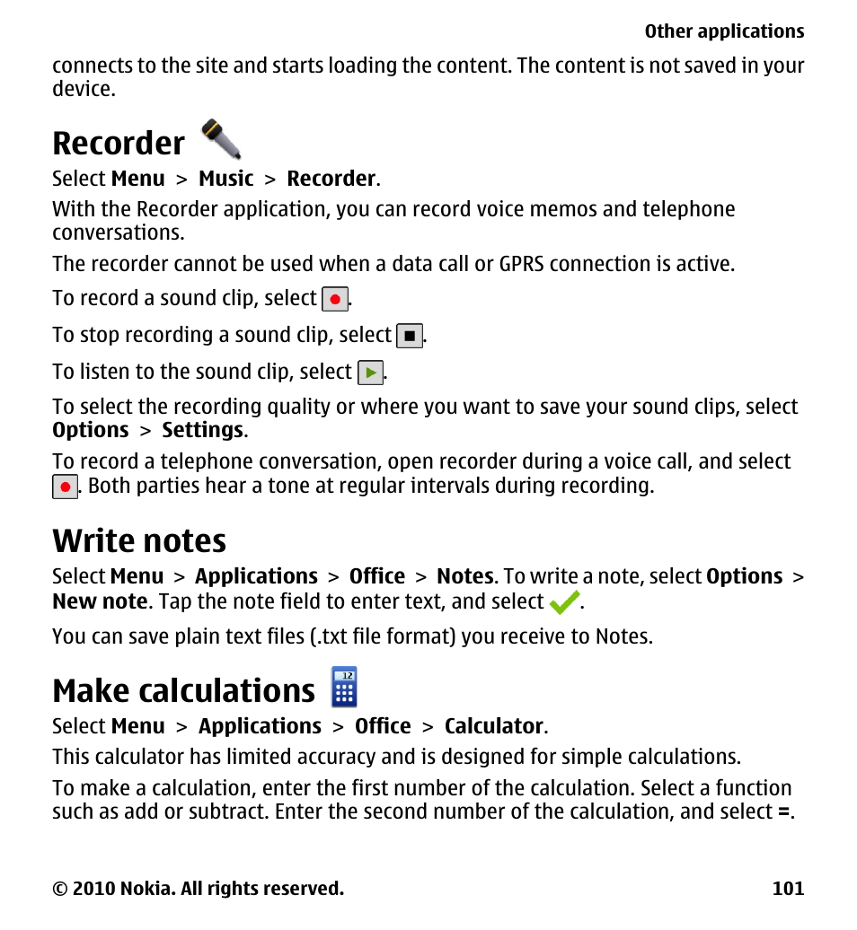 Recorder, Write notes, Make calculations | Nokia 5228 User Manual | Page 101 / 129