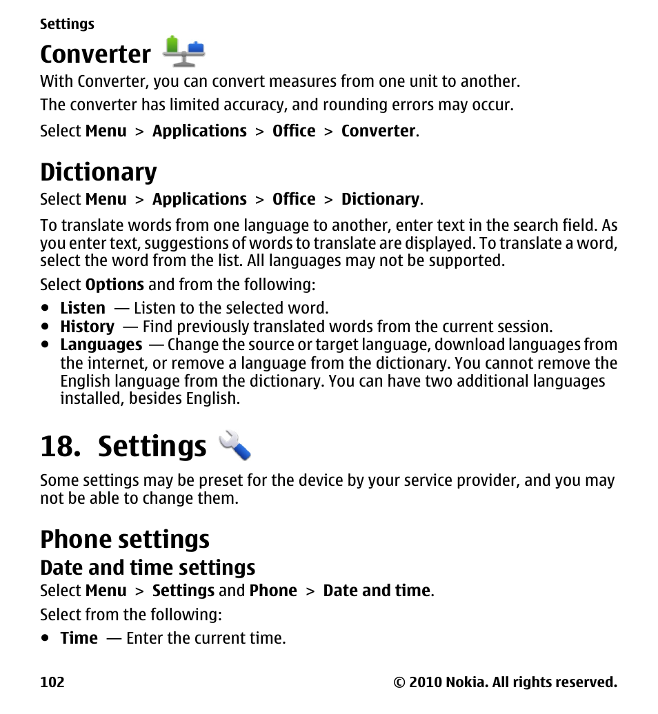 Converter, Dictionary, Settings | Phone settings, Date and time settings | Nokia 5228 User Manual | Page 102 / 129