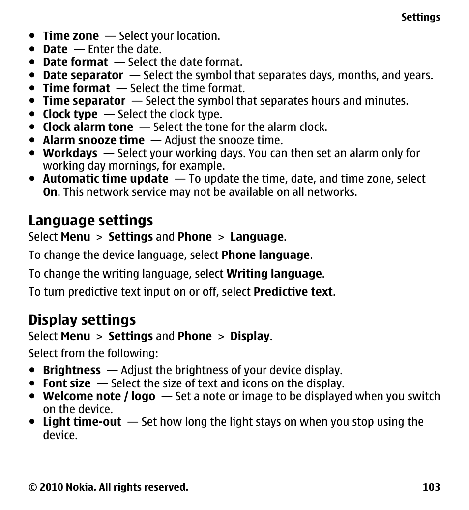 Language settings, Display settings | Nokia 5228 User Manual | Page 103 / 129