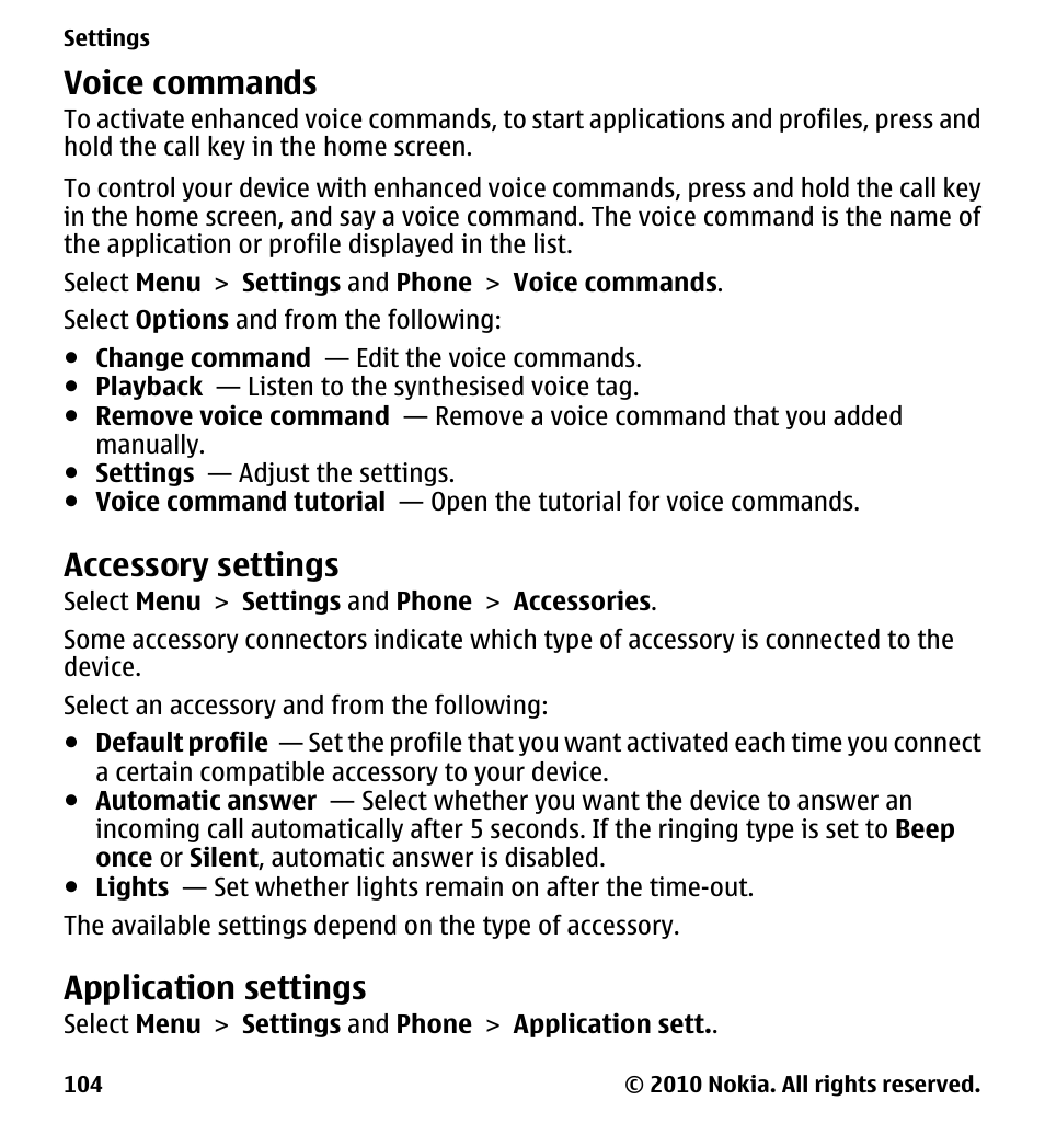 Voice commands, Accessory settings, Application settings | Nokia 5228 User Manual | Page 104 / 129