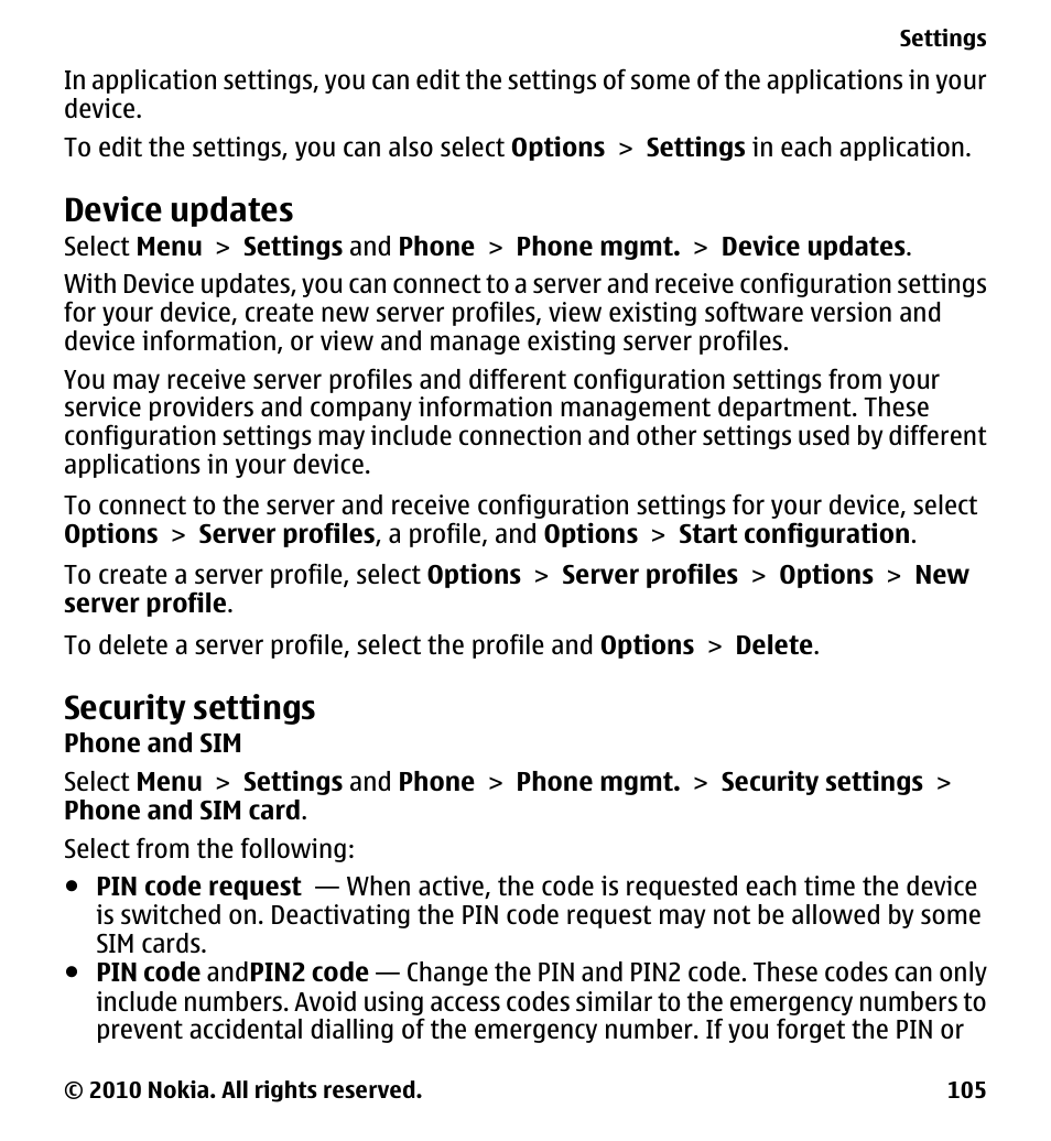 Device updates, Security settings, Phone and sim | Nokia 5228 User Manual | Page 105 / 129
