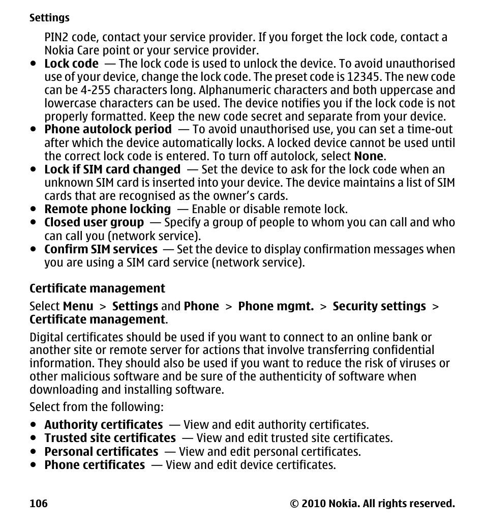 Certificate management | Nokia 5228 User Manual | Page 106 / 129