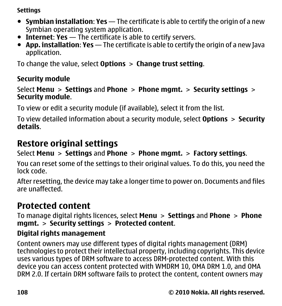 Security module, Restore original settings, Protected content | Nokia 5228 User Manual | Page 108 / 129