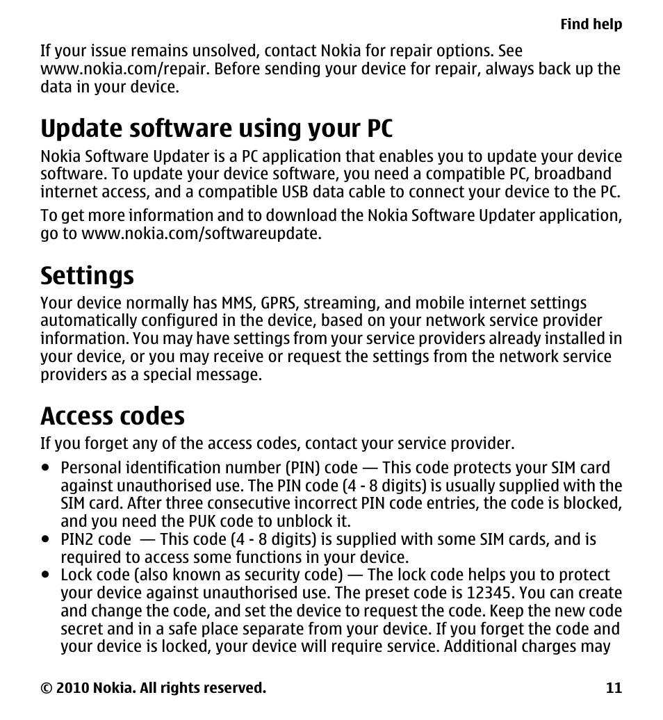 Update software using your pc, Settings, Access codes | Nokia 5228 User Manual | Page 11 / 129