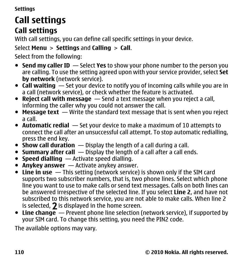 Call settings | Nokia 5228 User Manual | Page 110 / 129