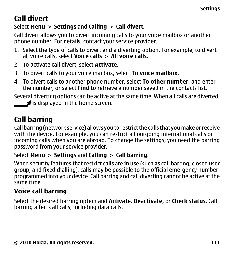 Call divert, Call barring | Nokia 5228 User Manual | Page 111 / 129