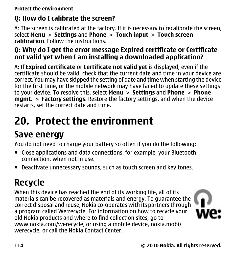 Protect the environment, Save energy, Recycle | Protect the environment 114 | Nokia 5228 User Manual | Page 114 / 129