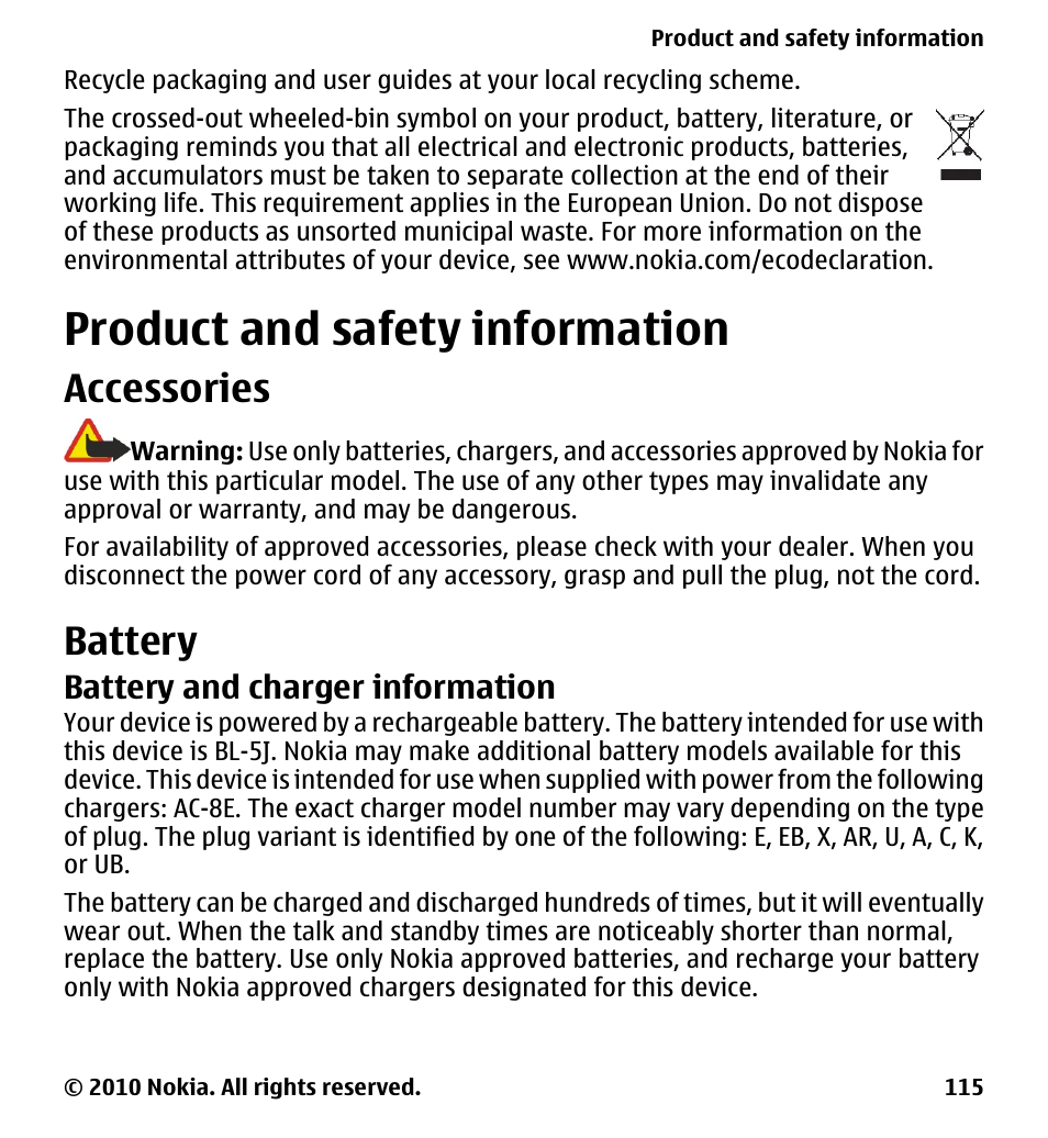 Product and safety information, Accessories, Battery | Battery and charger information, Product and safety, Information | Nokia 5228 User Manual | Page 115 / 129