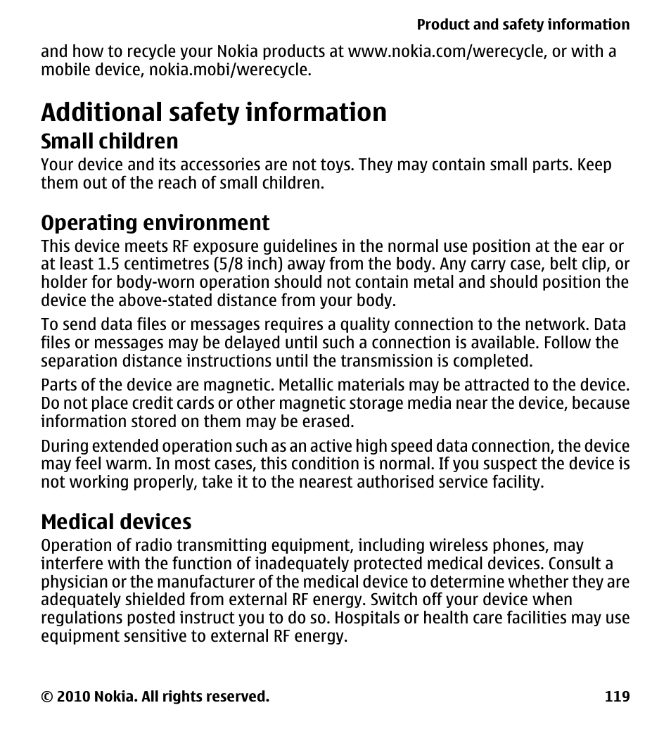 Additional safety information, Small children, Operating environment | Medical devices | Nokia 5228 User Manual | Page 119 / 129