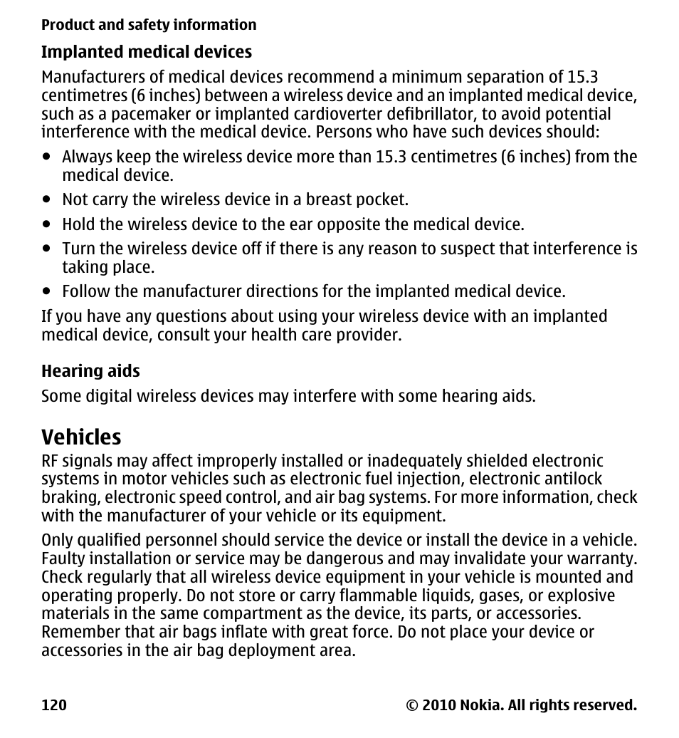 Implanted medical devices, Hearing aids, Vehicles | Nokia 5228 User Manual | Page 120 / 129