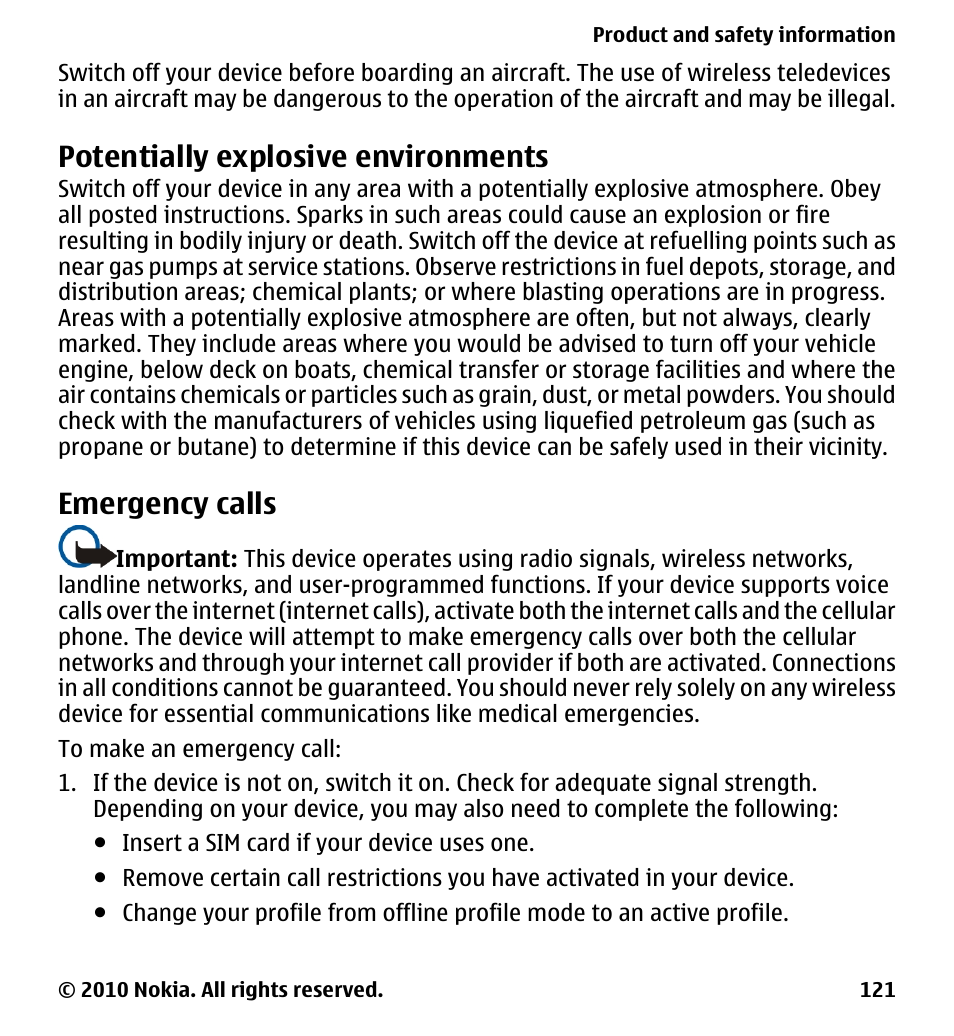 Potentially explosive environments, Emergency calls | Nokia 5228 User Manual | Page 121 / 129