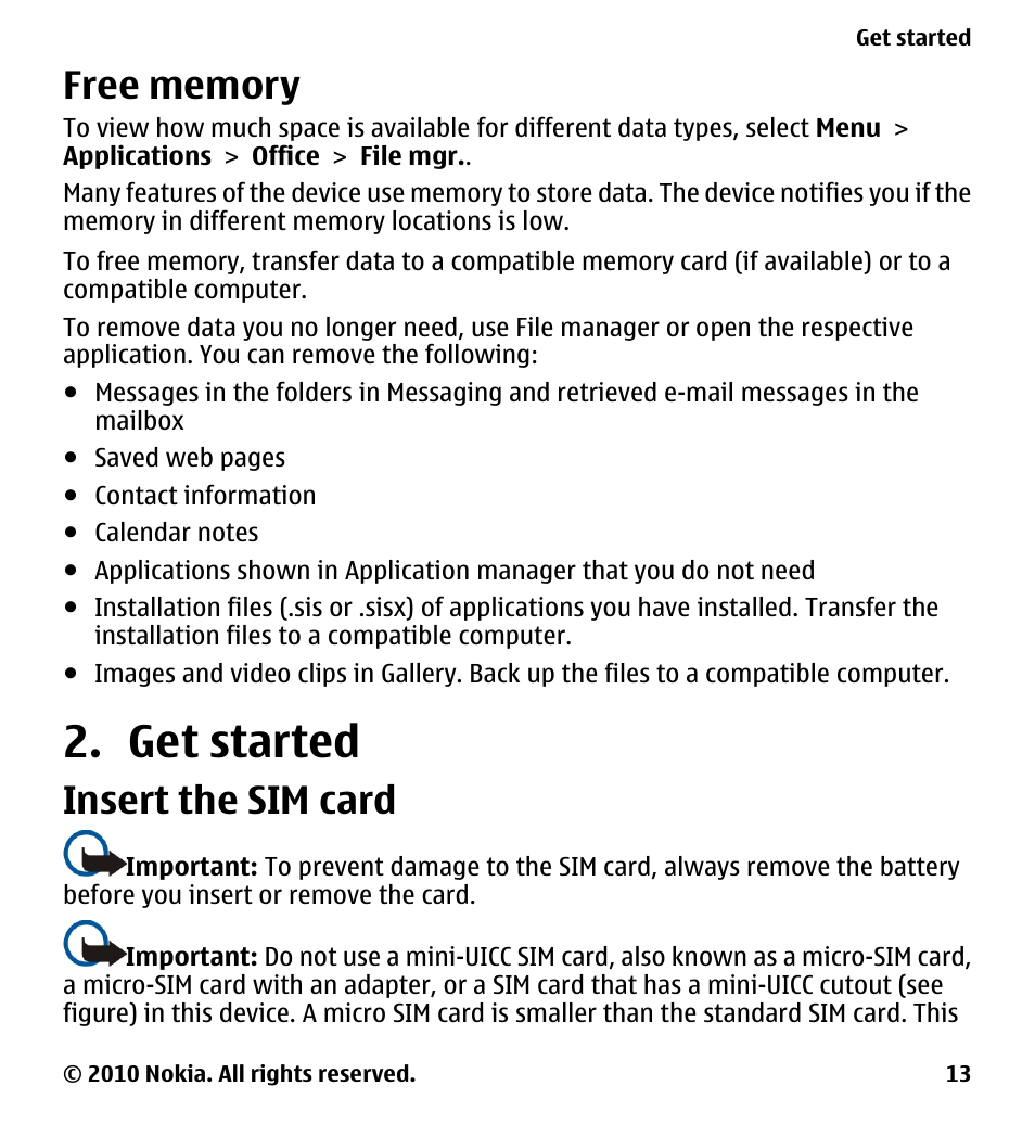 Free memory, Get started, Insert the sim card | Nokia 5228 User Manual | Page 13 / 129