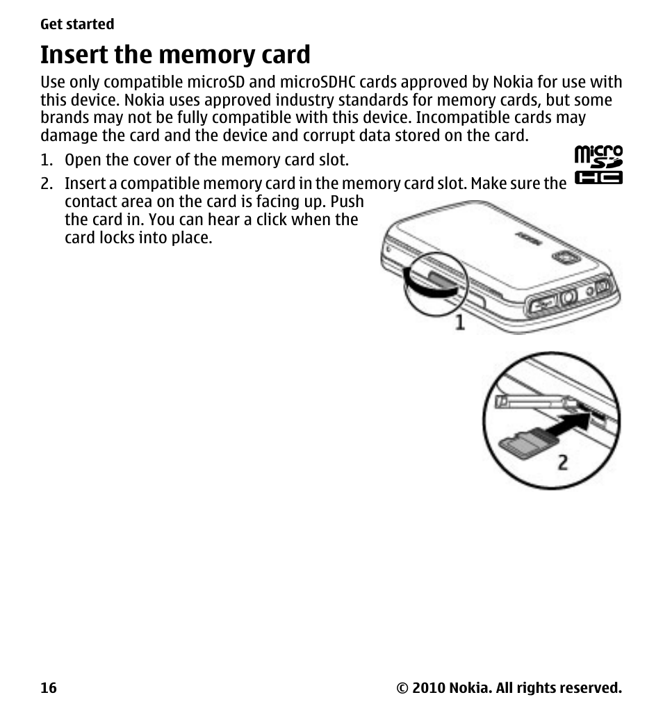 Insert the memory card | Nokia 5228 User Manual | Page 16 / 129
