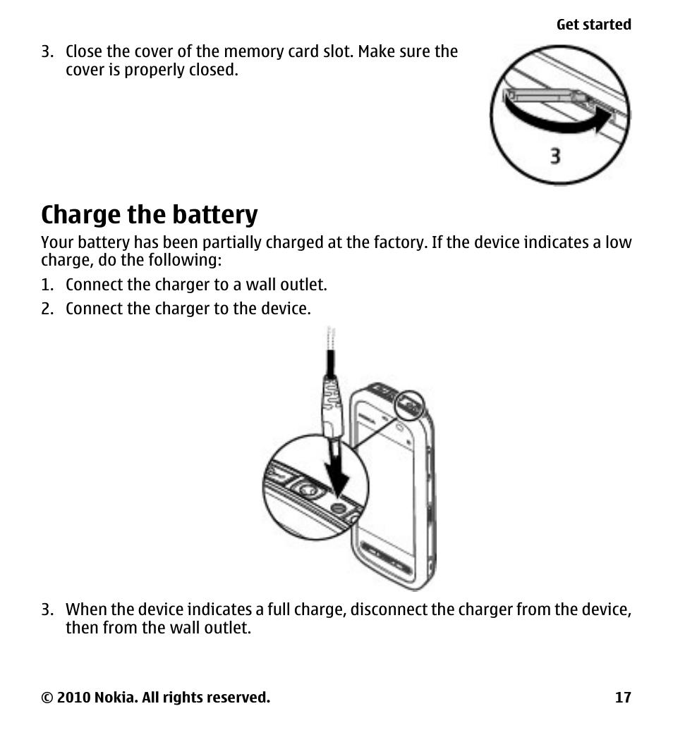 Charge the battery | Nokia 5228 User Manual | Page 17 / 129