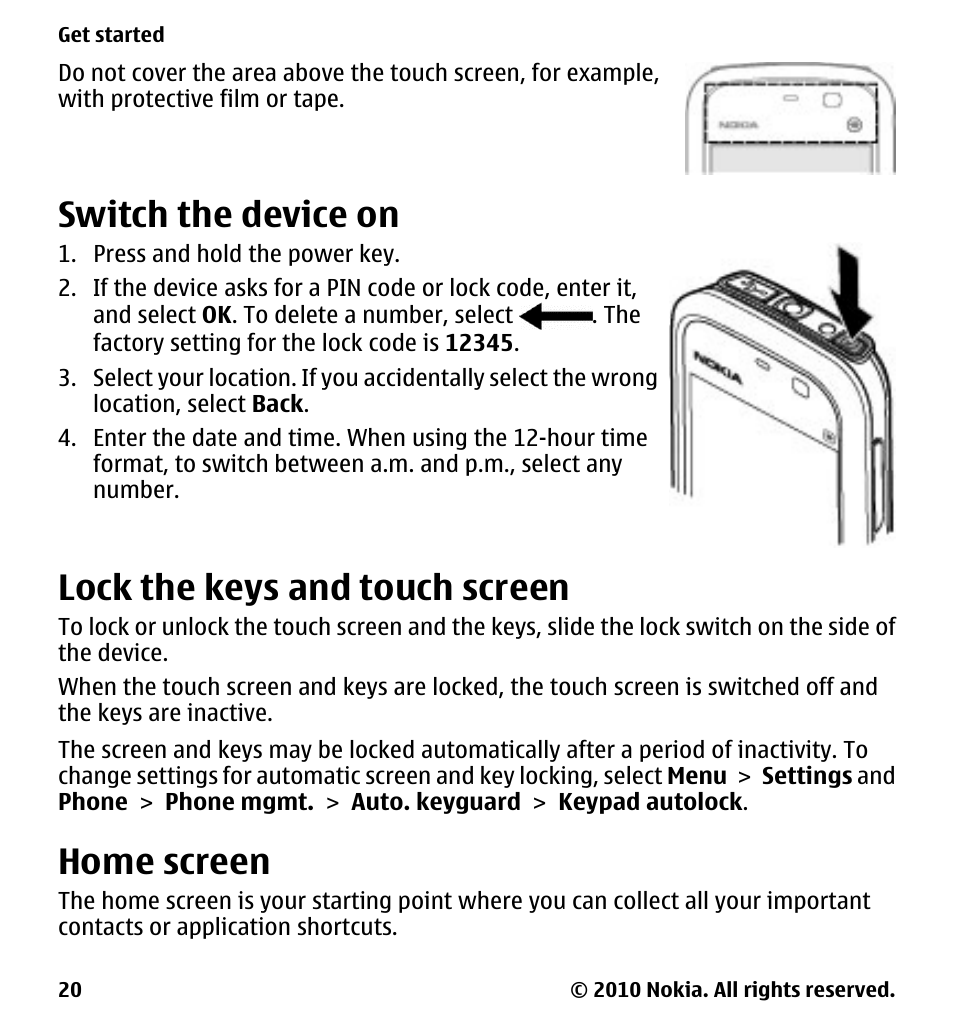 Switch the device on, Lock the keys and touch screen, Home screen | Nokia 5228 User Manual | Page 20 / 129