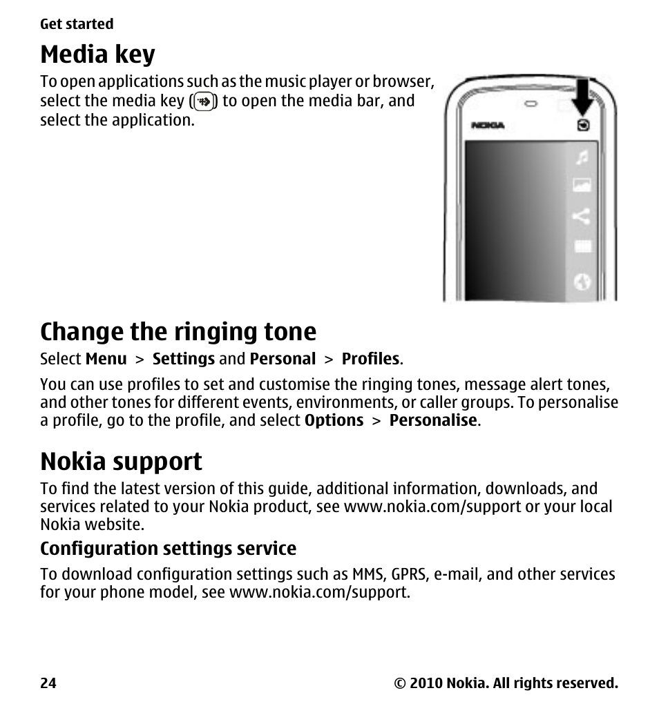 Media key, Change the ringing tone, Nokia support | Nokia 5228 User Manual | Page 24 / 129