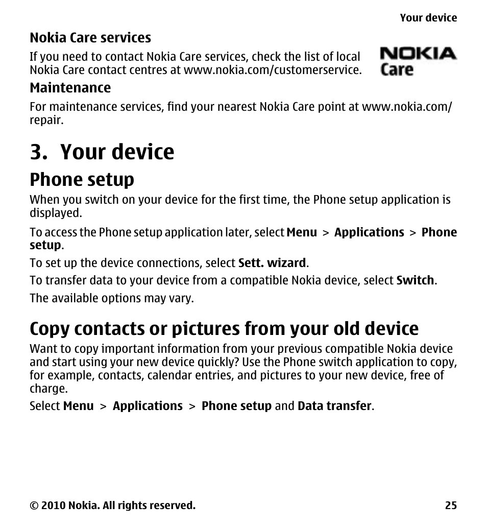 Your device, Phone setup, Copy contacts or pictures from your old device | Copy contacts or pictures from your, Old device | Nokia 5228 User Manual | Page 25 / 129