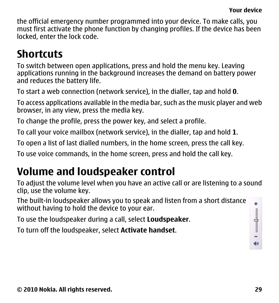 Shortcuts, Volume and loudspeaker control | Nokia 5228 User Manual | Page 29 / 129