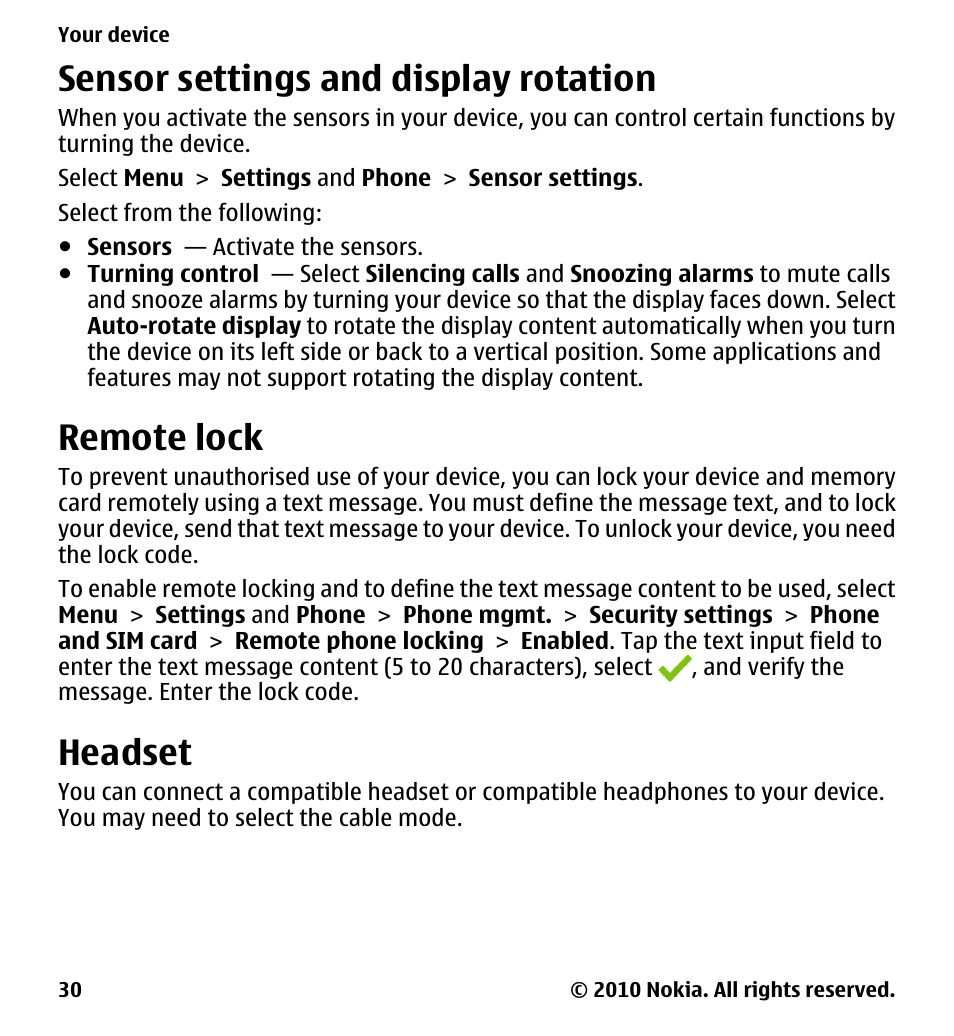 Sensor settings and display rotation, Remote lock, Headset | Sensor settings and display, Rotation | Nokia 5228 User Manual | Page 30 / 129