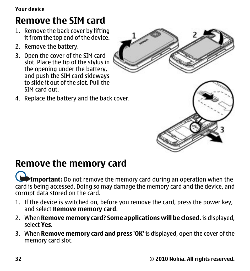 Remove the sim card, Remove the memory card | Nokia 5228 User Manual | Page 32 / 129