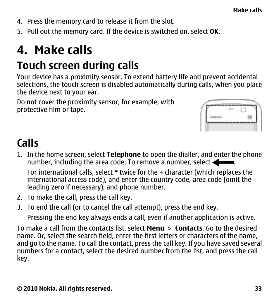 Make calls, Touch screen during calls, Calls | Nokia 5228 User Manual | Page 33 / 129