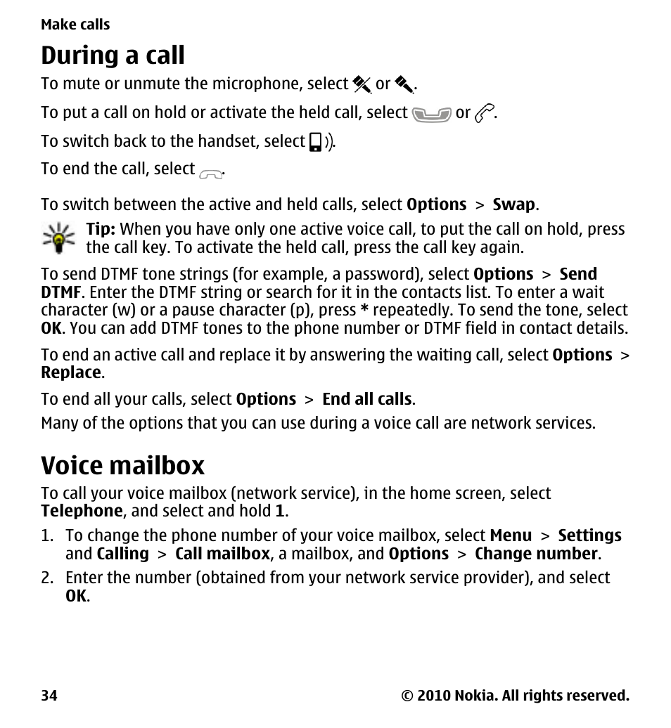 During a call, Voice mailbox | Nokia 5228 User Manual | Page 34 / 129