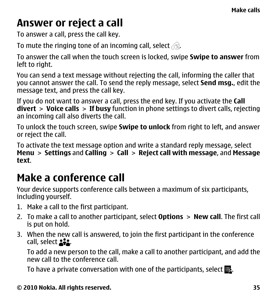 Answer or reject a call, Make a conference call | Nokia 5228 User Manual | Page 35 / 129