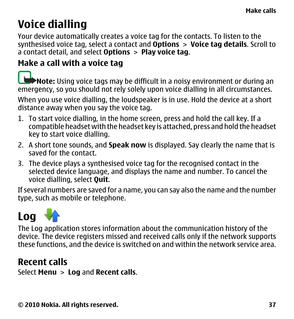 Voice dialling, Recent calls | Nokia 5228 User Manual | Page 37 / 129