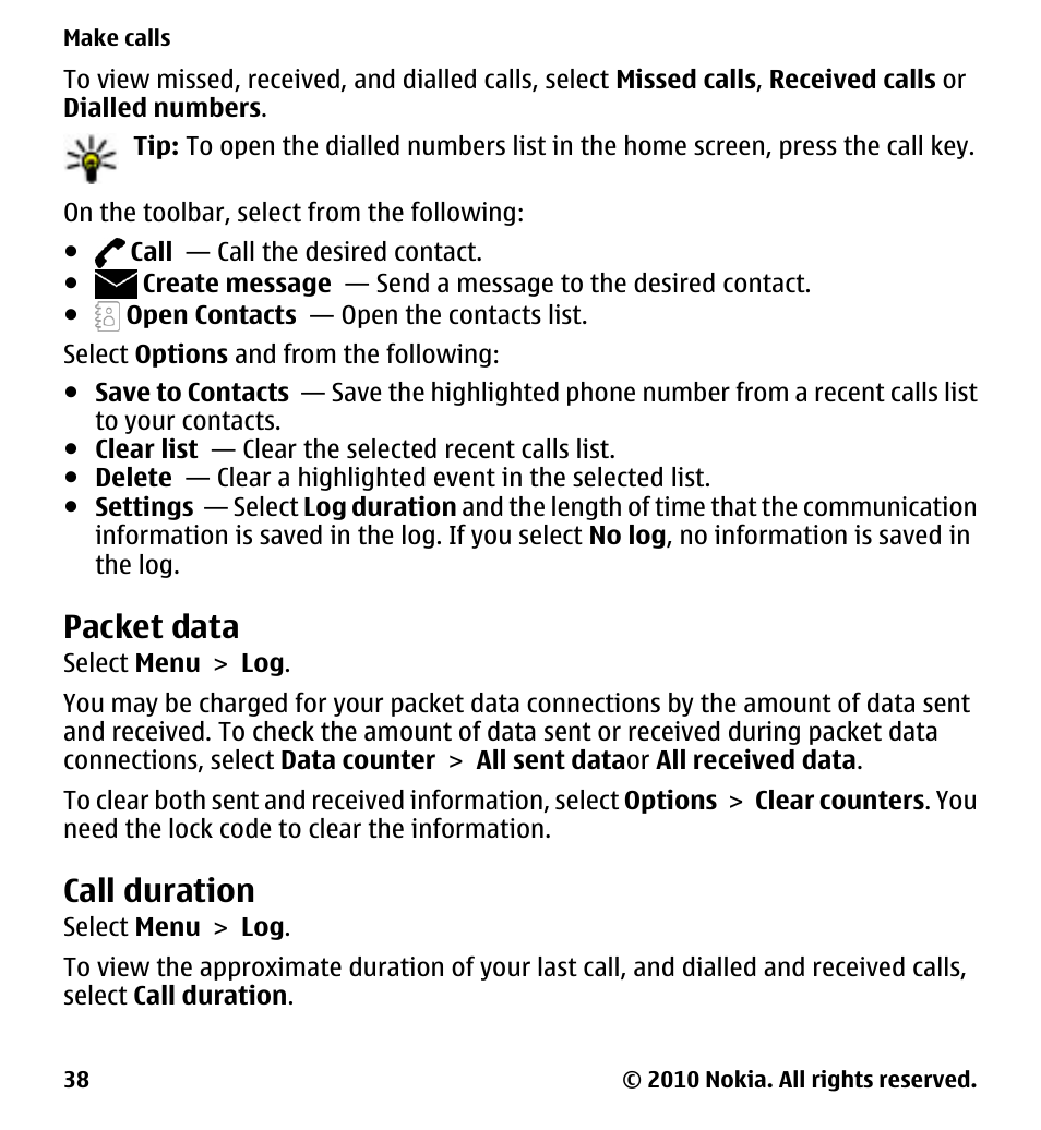 Packet data, Call duration | Nokia 5228 User Manual | Page 38 / 129