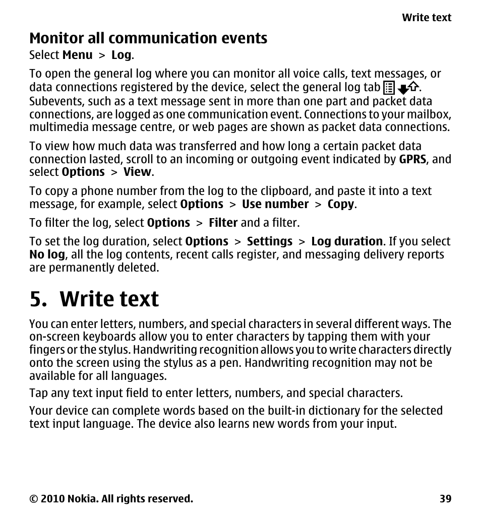 Monitor all communication events, Write text | Nokia 5228 User Manual | Page 39 / 129